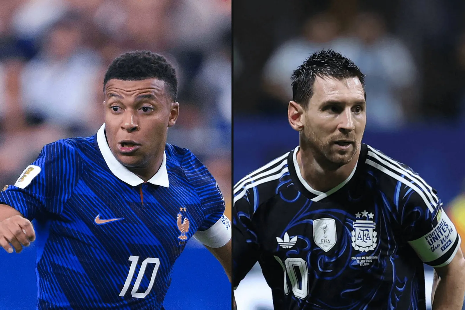 Side-by-side images of France's Kylian Mbappe and Lionel Messi of Argentina
