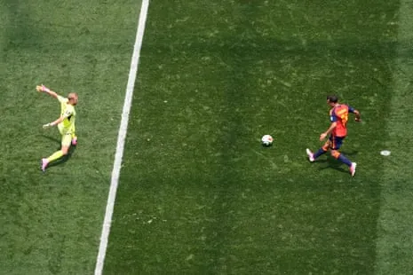 Spain's Mikel Oyarzabal scores their third goal past Alex Schlager