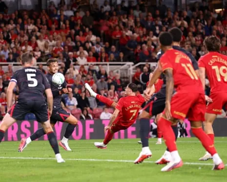 The Middlesbrough striker Will Lankshear stretches to hook in a volleyed goal to give his team a 1-0 win at home to Wrexham in the first round of the 2026-27 Carabao Cup.
