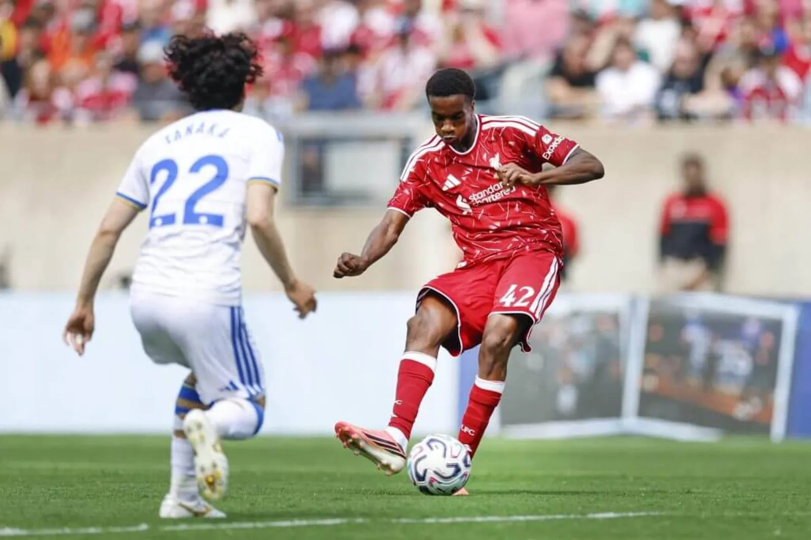 Liverpool midfielder Trey Nyoni on the ball against Leeds United in Chicago on Sunday